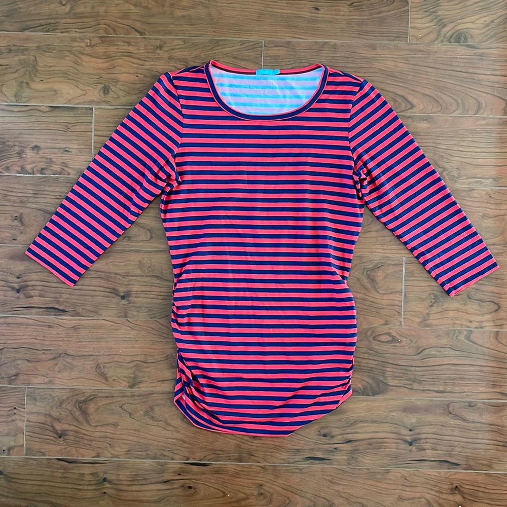 COPY - J. McLaughlin Red and Blue Striped Ruched Three Quarter Length Sleeve Sh…